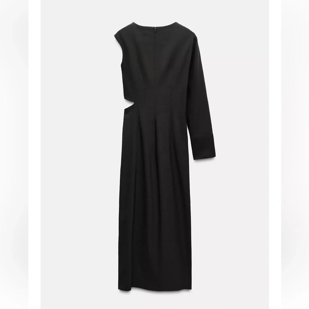 Zara Black Cut Out Midi Dress cotton blend one long sleeve Pleated knot ZW NWT - Picture 9 of 16